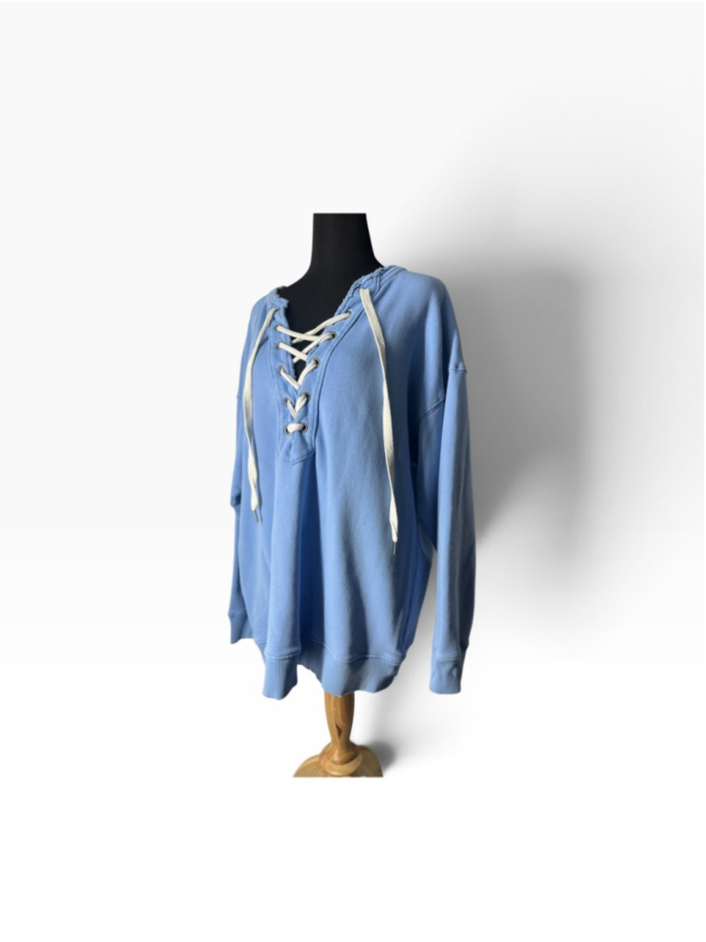 Aerie Sweatshirt Womens Small Blue Lace Up V Neck Oversized Knit Pullover